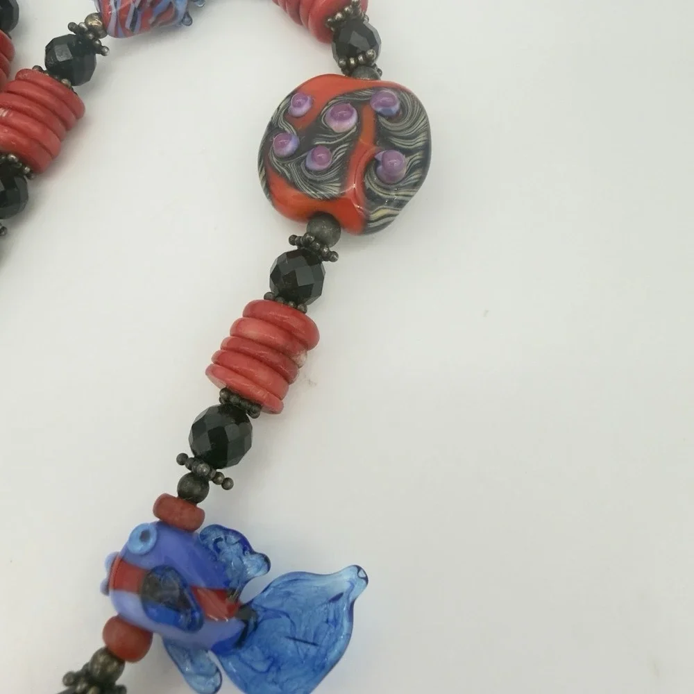 Vtg Sterling Silver Hand blow Glass Bead Necklace Fish Red Coral Y Drop Signed